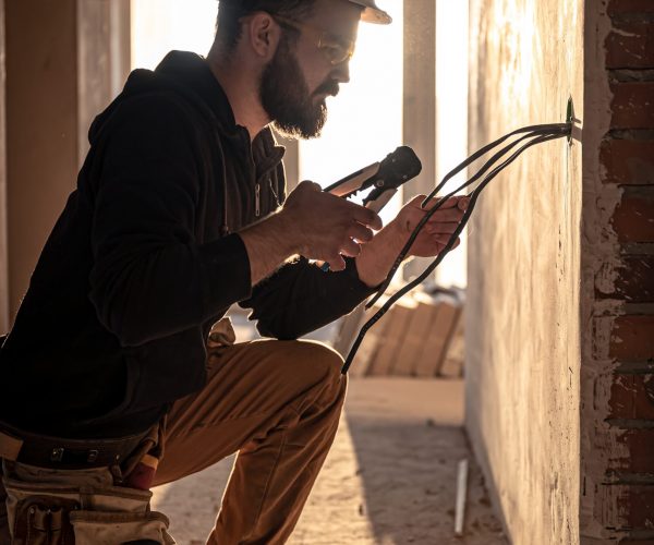 A construction electrician cuts a voltage cable during a repair.