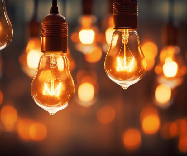 Warm filament bulbs cast a cozy, amber glow in a dimly lit room.